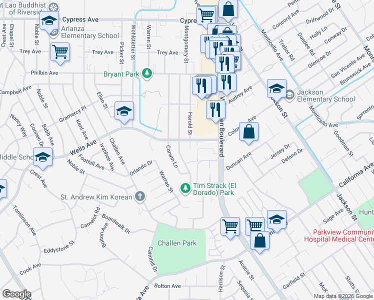map of restaurants, bars, coffee shops, grocery stores, and more near 4822 Montgomery Street in Riverside