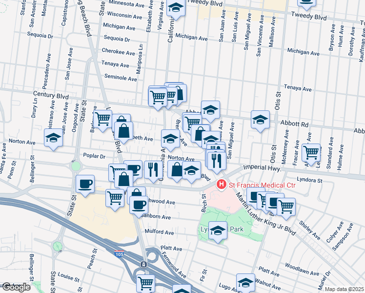 map of restaurants, bars, coffee shops, grocery stores, and more near 10990 California Avenue in Lynwood