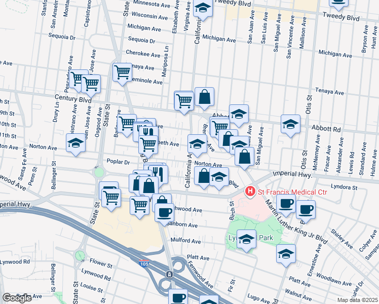 map of restaurants, bars, coffee shops, grocery stores, and more near 3393 Norton Avenue in Lynwood