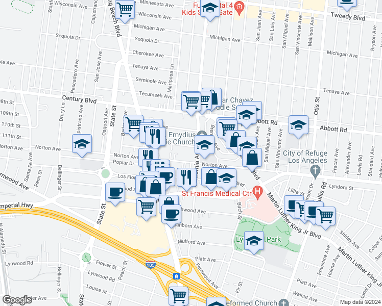 map of restaurants, bars, coffee shops, grocery stores, and more near 3393 Norton Avenue in Lynwood