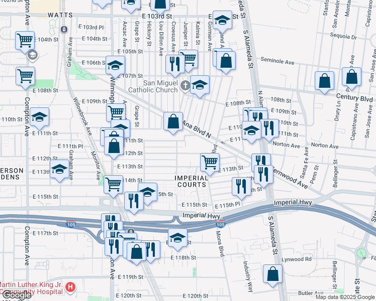 map of restaurants, bars, coffee shops, grocery stores, and more near 2216 East 112th Street in Los Angeles