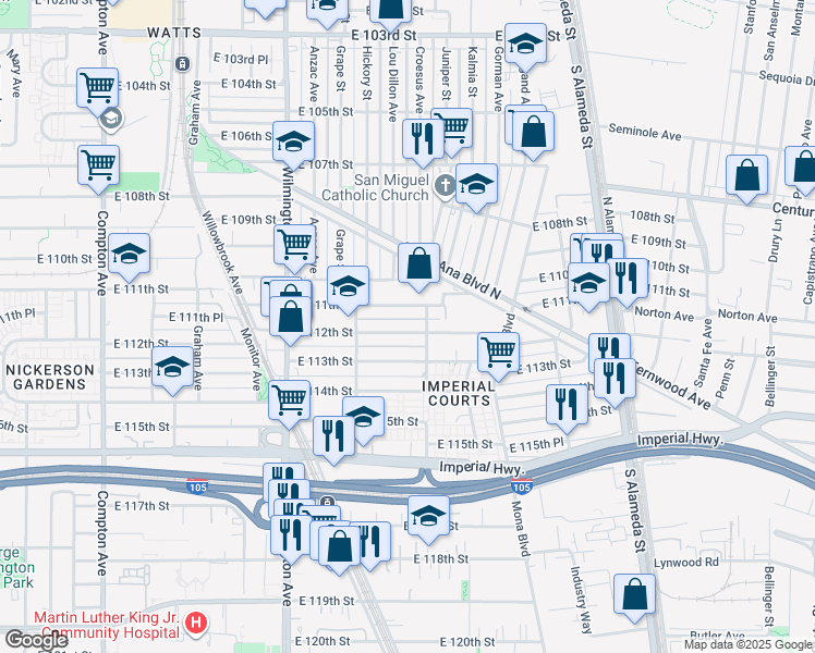 map of restaurants, bars, coffee shops, grocery stores, and more near 2110 East 112th Street in Los Angeles