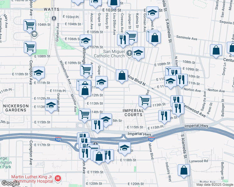 map of restaurants, bars, coffee shops, grocery stores, and more near 2110 East 112th Street in Los Angeles