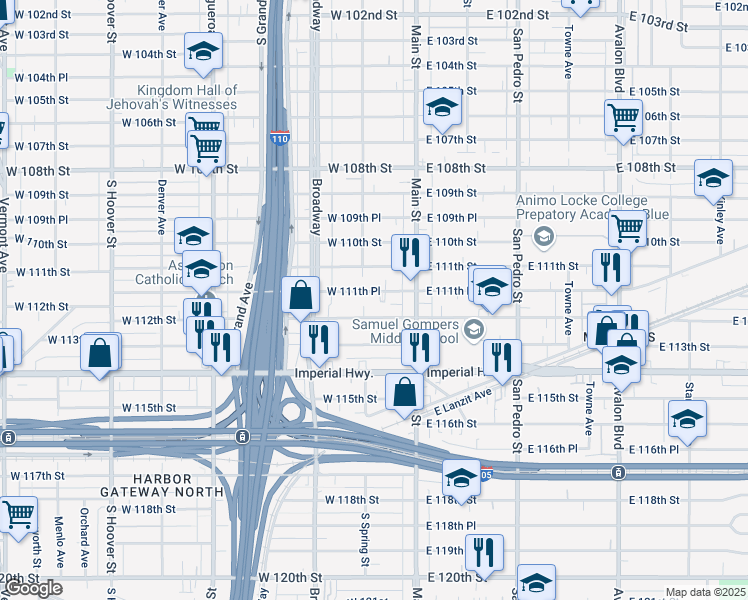 map of restaurants, bars, coffee shops, grocery stores, and more near 129 West 112th Street in Los Angeles