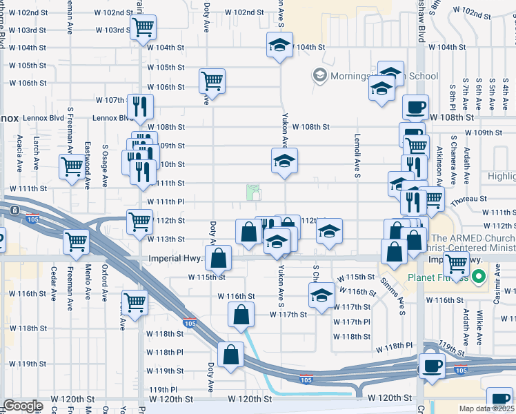 map of restaurants, bars, coffee shops, grocery stores, and more near 3645 West 112th Street in Inglewood