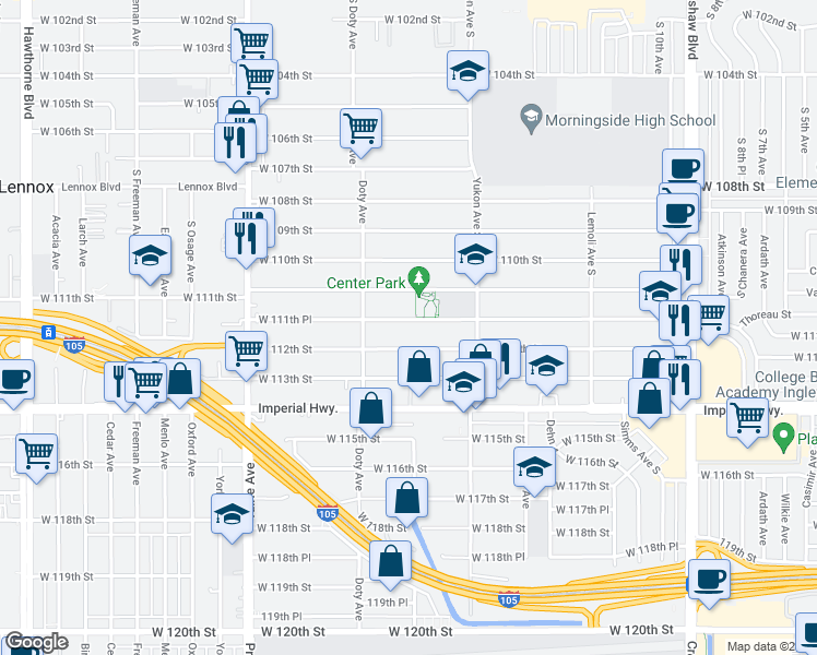 map of restaurants, bars, coffee shops, grocery stores, and more near 3721 West 112th Street in Inglewood