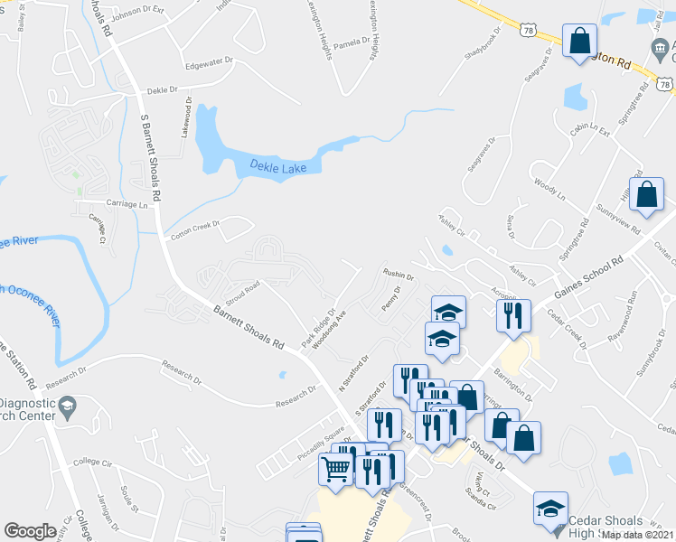 map of restaurants, bars, coffee shops, grocery stores, and more near 222 Parkridge Drive in Athens