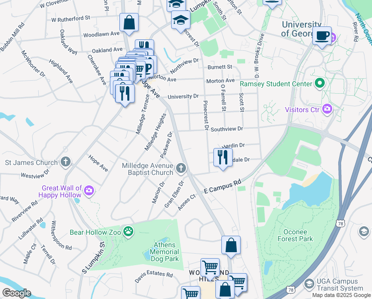 map of restaurants, bars, coffee shops, grocery stores, and more near 1675 South Milledge Avenue in Athens