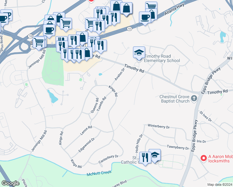 map of restaurants, bars, coffee shops, grocery stores, and more near 785 Kings Road in Athens