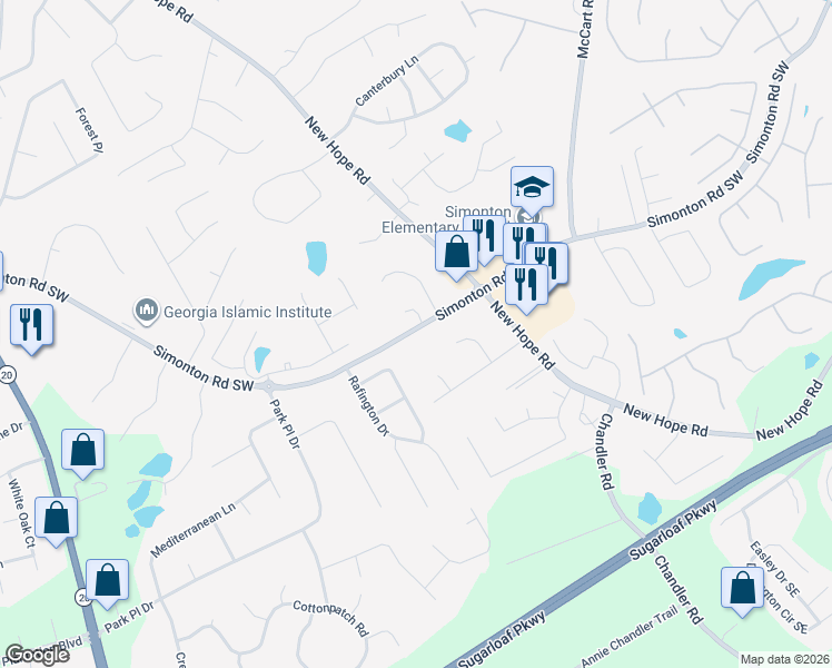 map of restaurants, bars, coffee shops, grocery stores, and more near 96 Simonton Road Southeast in Lawrenceville