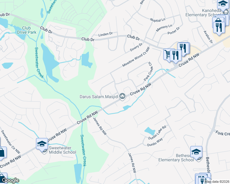 map of restaurants, bars, coffee shops, grocery stores, and more near 930 Clover Lane Northwest in Lawrenceville