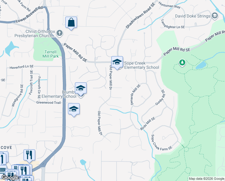 map of restaurants, bars, coffee shops, grocery stores, and more near 3350 Woodington Court Southeast in Marietta