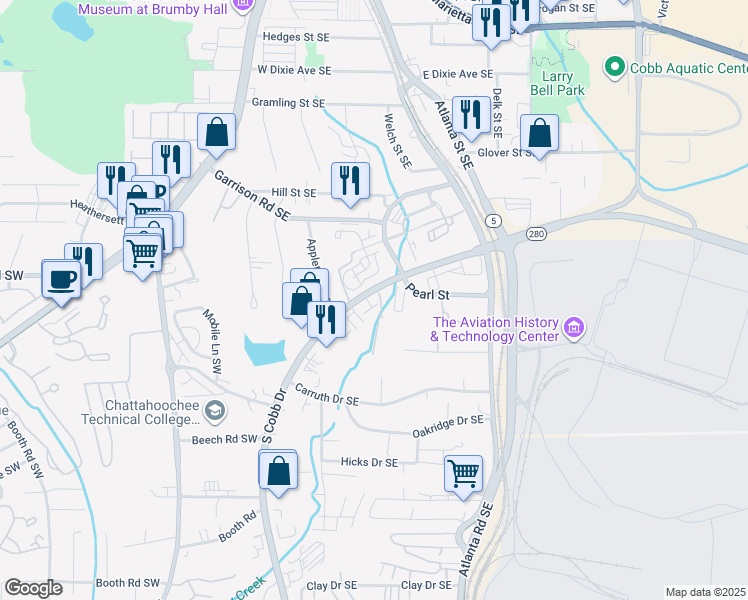 map of restaurants, bars, coffee shops, grocery stores, and more near 801 South Cobb Drive in Marietta