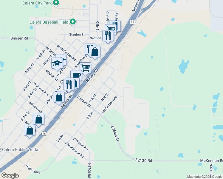 map of restaurants, bars, coffee shops, grocery stores, and more near 308 McCurtain Avenue in Calera