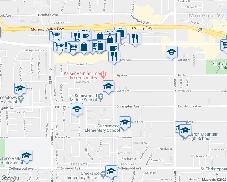 map of restaurants, bars, coffee shops, grocery stores, and more near 22487 Myers Avenue in Moreno Valley