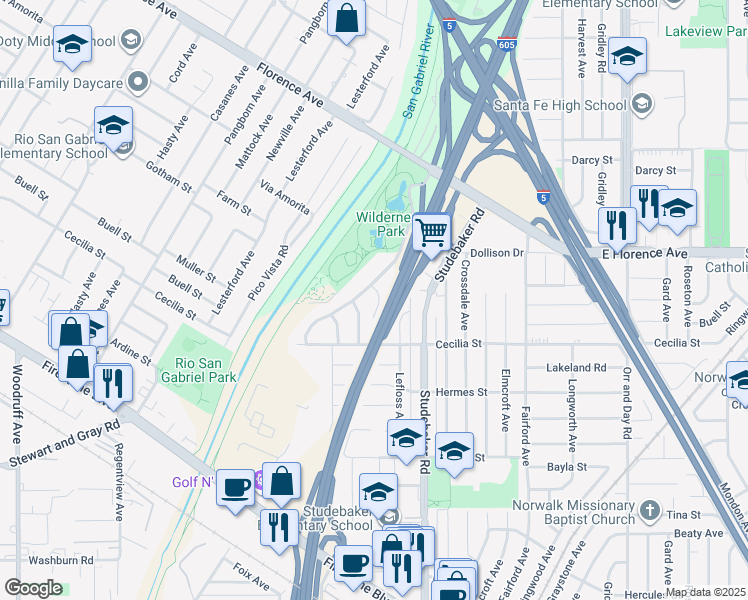 map of restaurants, bars, coffee shops, grocery stores, and more near 11021 Halcourt Avenue in Downey