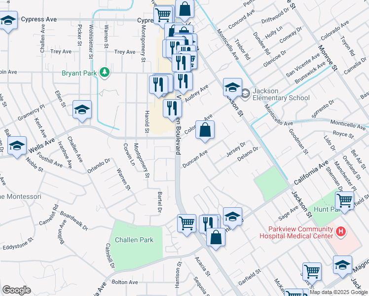 map of restaurants, bars, coffee shops, grocery stores, and more near 4811 Van Buren Boulevard in Riverside