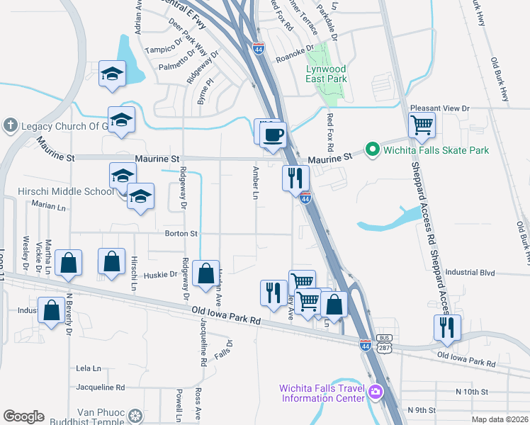 map of restaurants, bars, coffee shops, grocery stores, and more near 1105 Amber Avenue in Wichita Falls