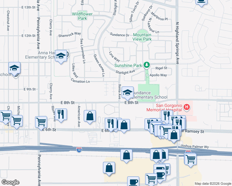 map of restaurants, bars, coffee shops, grocery stores, and more near 872 Bluebell Way in Beaumont