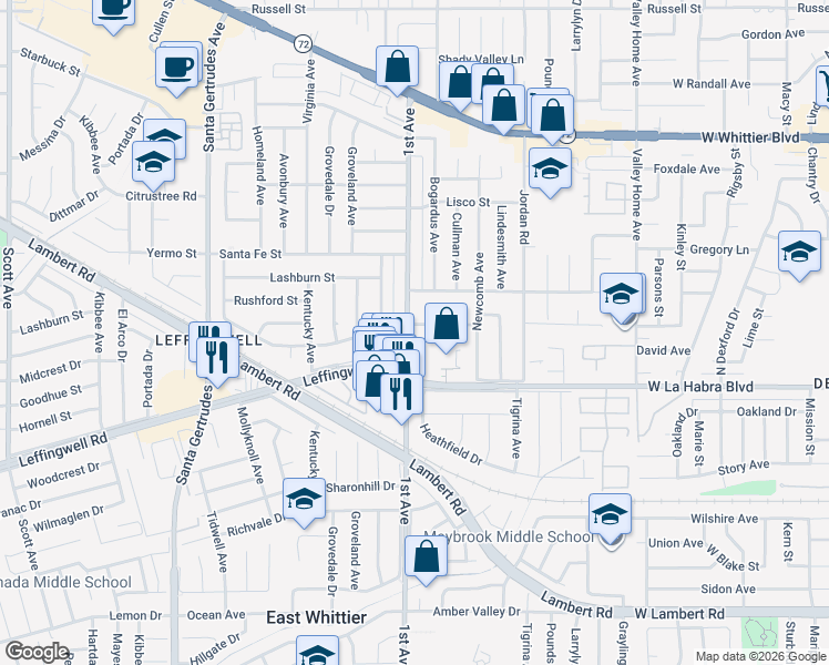 map of restaurants, bars, coffee shops, grocery stores, and more near 16202 Rushford Street in Whittier