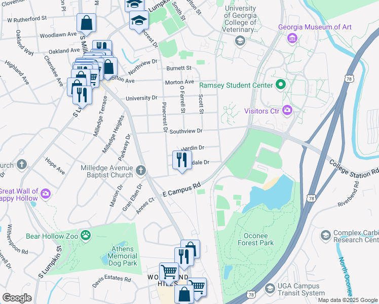 map of restaurants, bars, coffee shops, grocery stores, and more near 144 Hardin Drive in Athens