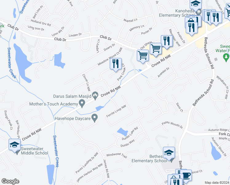 map of restaurants, bars, coffee shops, grocery stores, and more near 3012 Cruse Road Northwest in Lawrenceville