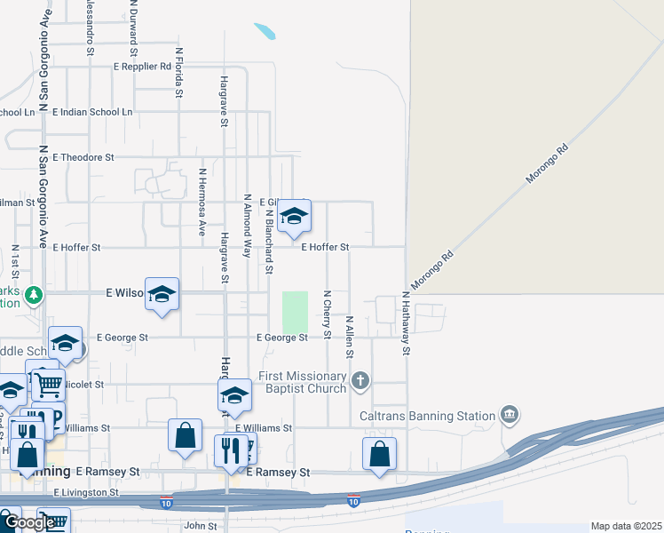 map of restaurants, bars, coffee shops, grocery stores, and more near 922 North Cherry Street in Banning