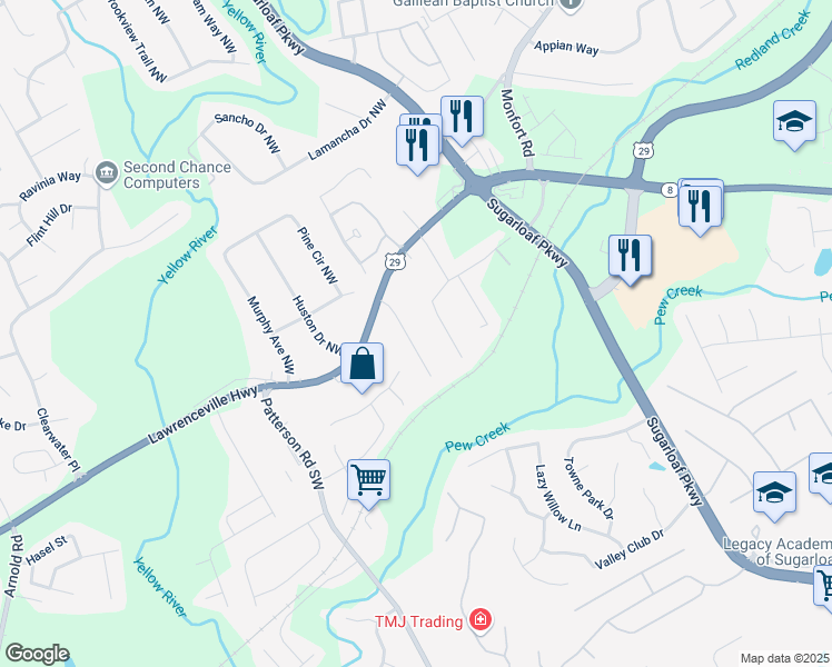 map of restaurants, bars, coffee shops, grocery stores, and more near 115 Davis Mill Court in Lawrenceville