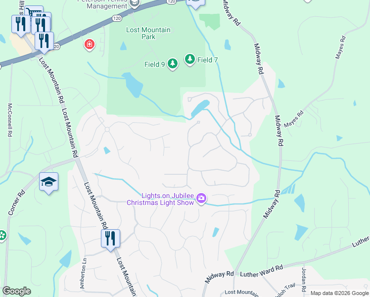 map of restaurants, bars, coffee shops, grocery stores, and more near 4579 Willow Oak Trail in Powder Springs