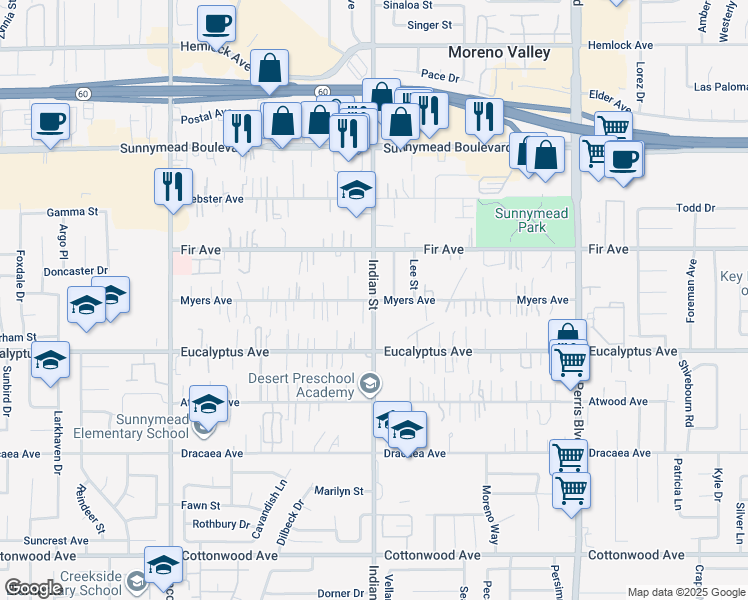 map of restaurants, bars, coffee shops, grocery stores, and more near Myers Avenue in Moreno Valley