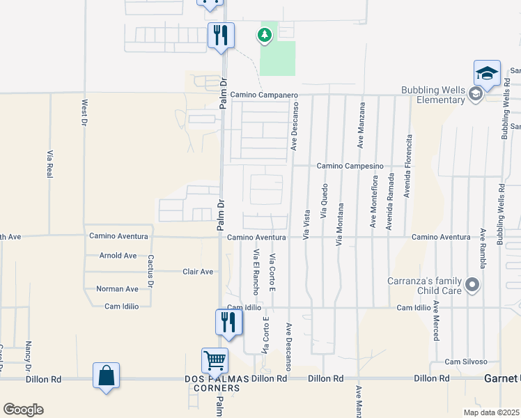 map of restaurants, bars, coffee shops, grocery stores, and more near 65283 Avenida De Paz in Desert Hot Springs