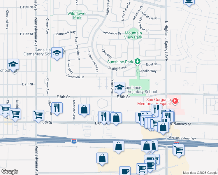 map of restaurants, bars, coffee shops, grocery stores, and more near 872 Bluebell Way in Beaumont