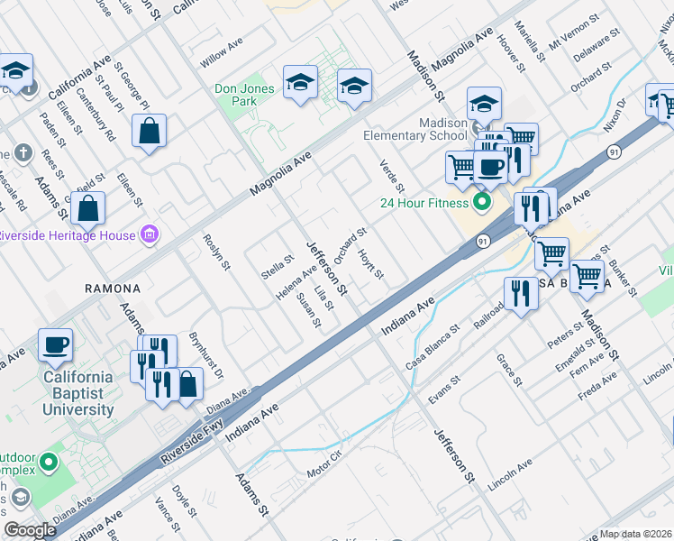 map of restaurants, bars, coffee shops, grocery stores, and more near 3547 Lila Street in Riverside