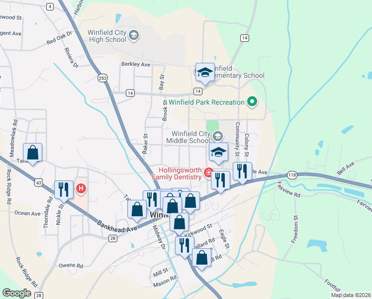 map of restaurants, bars, coffee shops, grocery stores, and more near 144 Avalon St in Winfield
