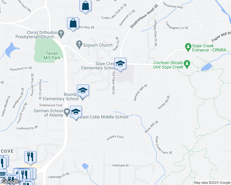 map of restaurants, bars, coffee shops, grocery stores, and more near 3350 Woodington Court Southeast in Marietta