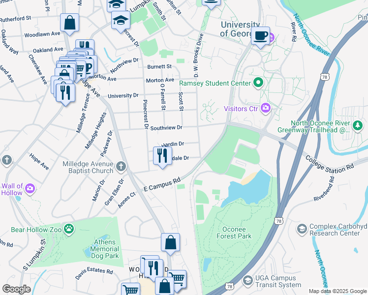 map of restaurants, bars, coffee shops, grocery stores, and more near 159 Riverdale Drive in Athens