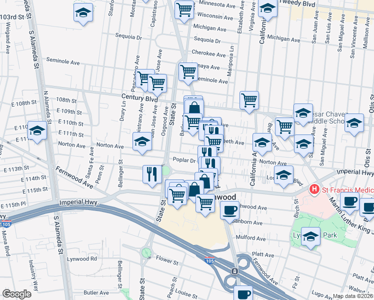 map of restaurants, bars, coffee shops, grocery stores, and more near 3123 Poplar Drive in Lynwood