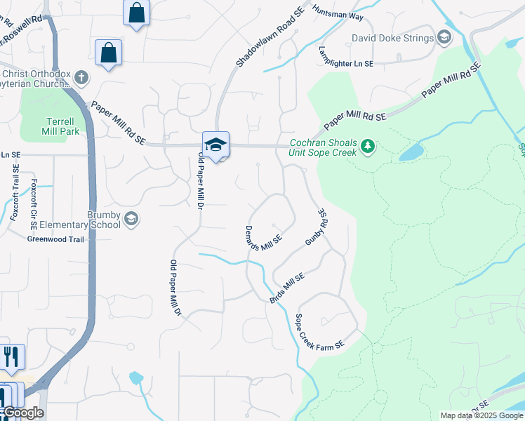 map of restaurants, bars, coffee shops, grocery stores, and more near 3500 Inman Hill Southeast in Marietta