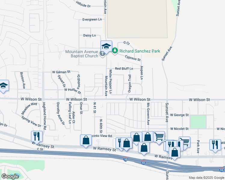 map of restaurants, bars, coffee shops, grocery stores, and more near 936 Pepper Lane in Banning