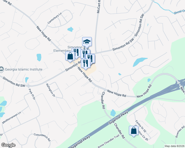map of restaurants, bars, coffee shops, grocery stores, and more near 852 Chandler Road in Lawrenceville