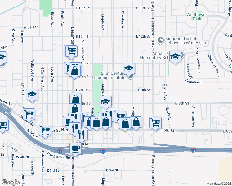 map of restaurants, bars, coffee shops, grocery stores, and more near 874 Palm Avenue in Beaumont