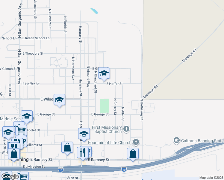 map of restaurants, bars, coffee shops, grocery stores, and more near 835 North Cherry Street in Banning