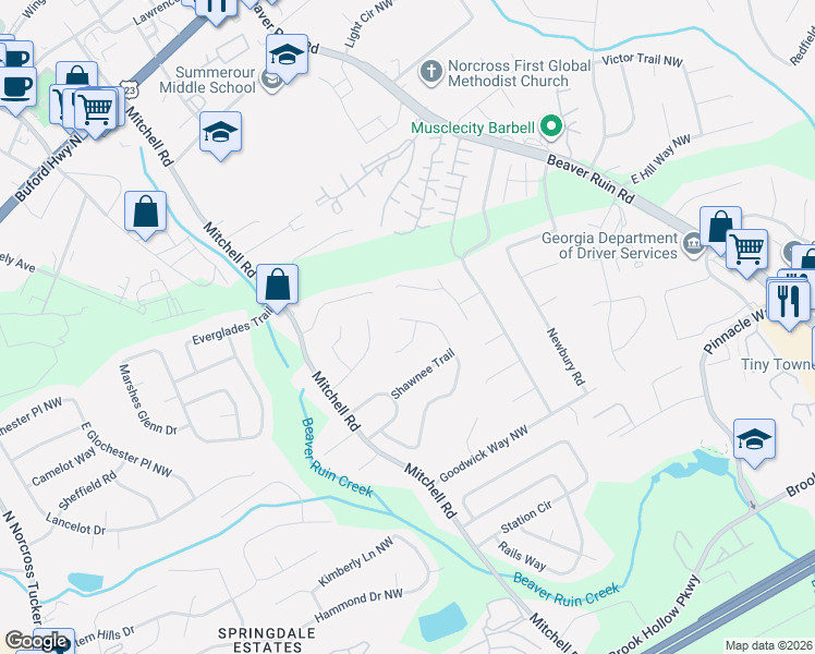 map of restaurants, bars, coffee shops, grocery stores, and more near 5526 Westberry Lane in Norcross