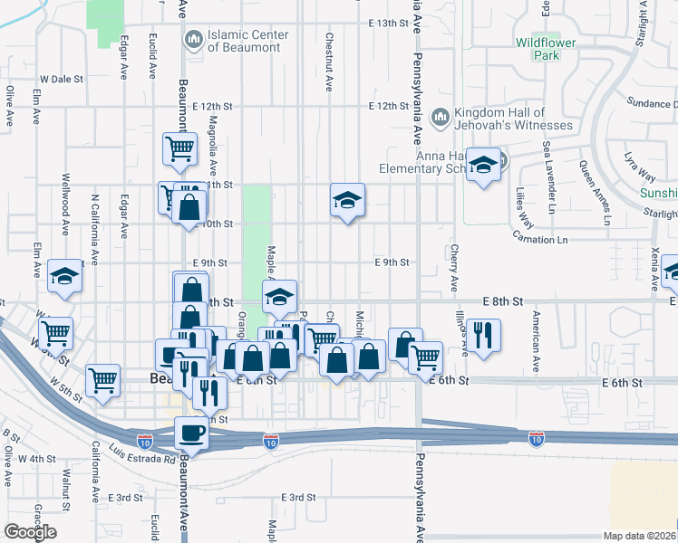 map of restaurants, bars, coffee shops, grocery stores, and more near 874 Chestnut Avenue in Beaumont
