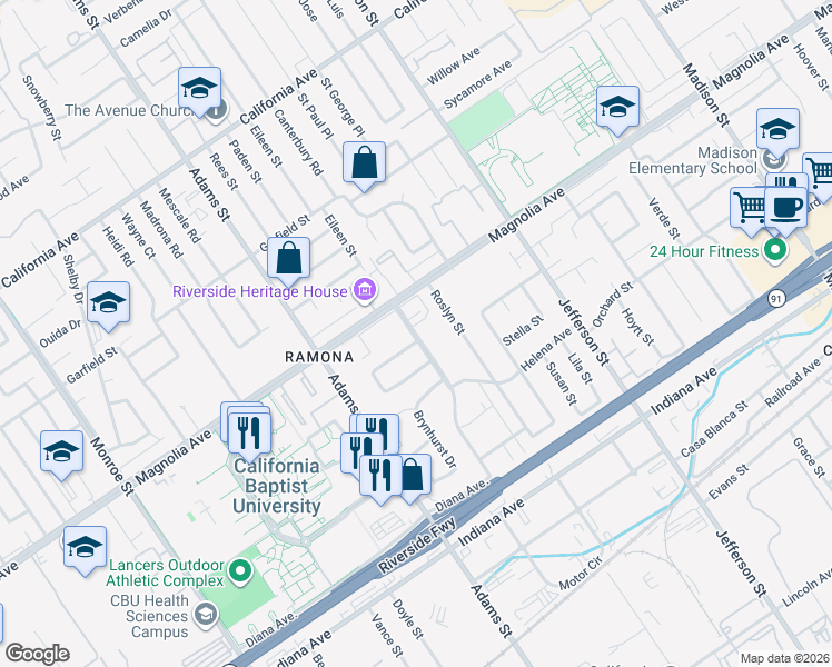 map of restaurants, bars, coffee shops, grocery stores, and more near 3743 Crowell Avenue in Riverside