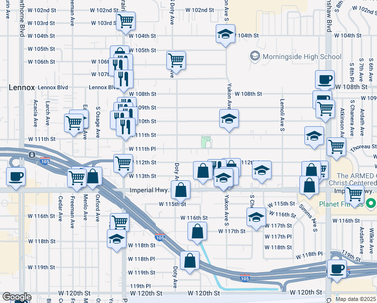 map of restaurants, bars, coffee shops, grocery stores, and more near 3728 West 111th Place in Inglewood