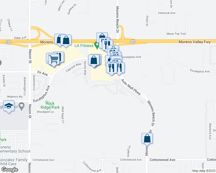 map of restaurants, bars, coffee shops, grocery stores, and more near 27625 East Trail Ridge Way in Moreno Valley