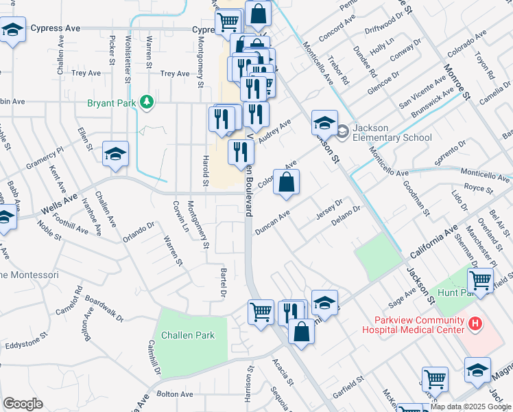 map of restaurants, bars, coffee shops, grocery stores, and more near 4811 Van Buren Boulevard in Riverside