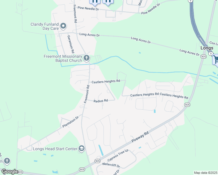 map of restaurants, bars, coffee shops, grocery stores, and more near 364 Radius Road in Longs
