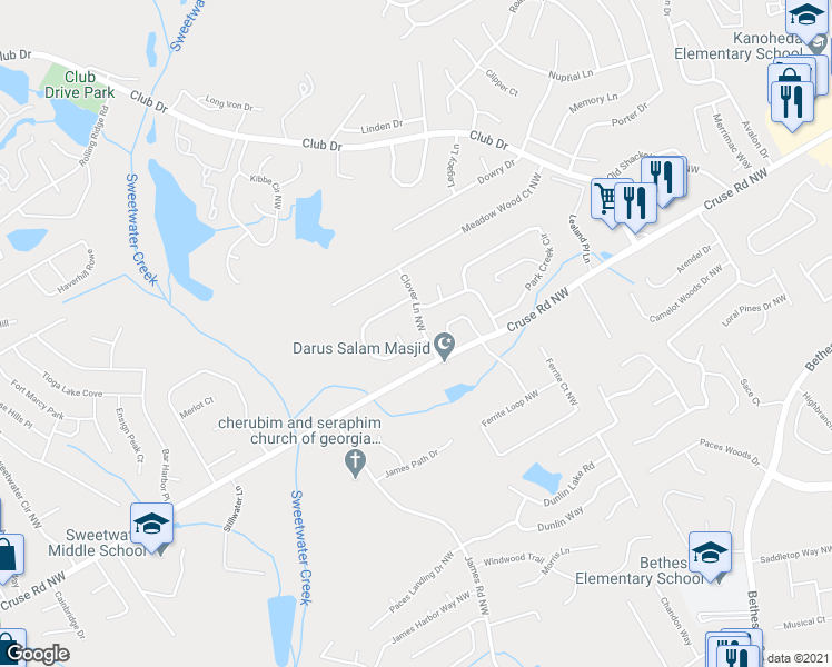 map of restaurants, bars, coffee shops, grocery stores, and more near 930 Clover Lane Northwest in Lawrenceville